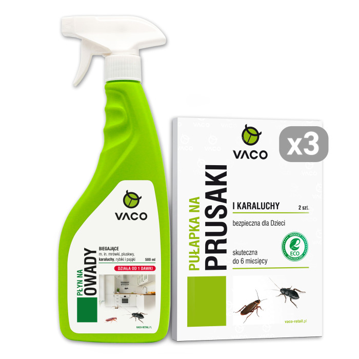 Skuteczny Zestaw na Karaluchy, Pluskwy i Prusaki Preparat 500ml + 6x Silna pułapka lepowa VACO Skuteczny Zestaw na Karaluchy, Pluskwy i Prusaki Preparat 500ml + 6x Silna pułapka lepowa VACO
