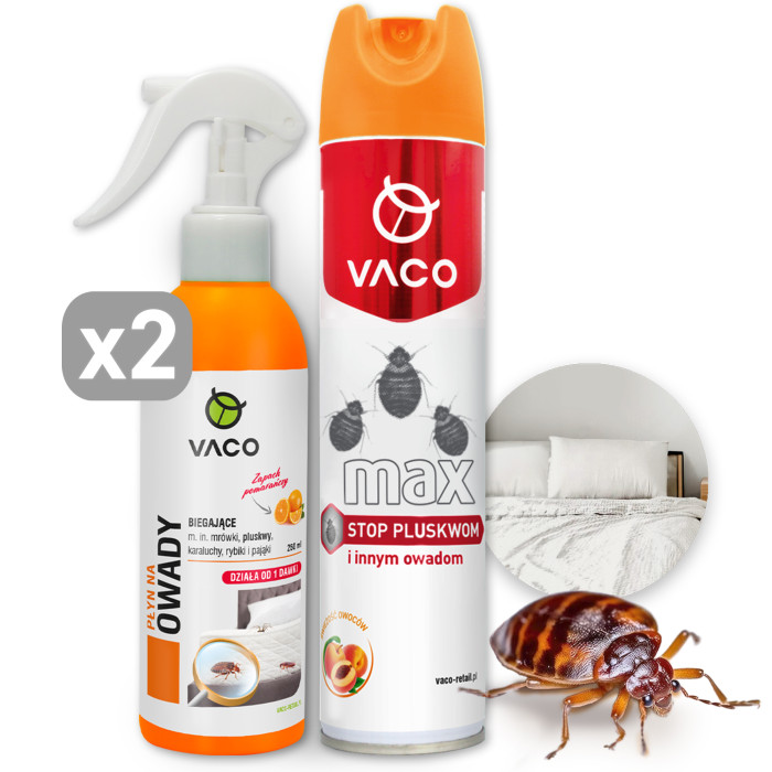 Zestaw na pluskwy, karaluchy, prusaki: 2x preparat w płynie 250ml + Spray na pluskwy 300ml VACO Zestaw na pluskwy, karaluchy, prusaki: 2x preparat w płynie 250ml + Spray na pluskwy 300ml VACO