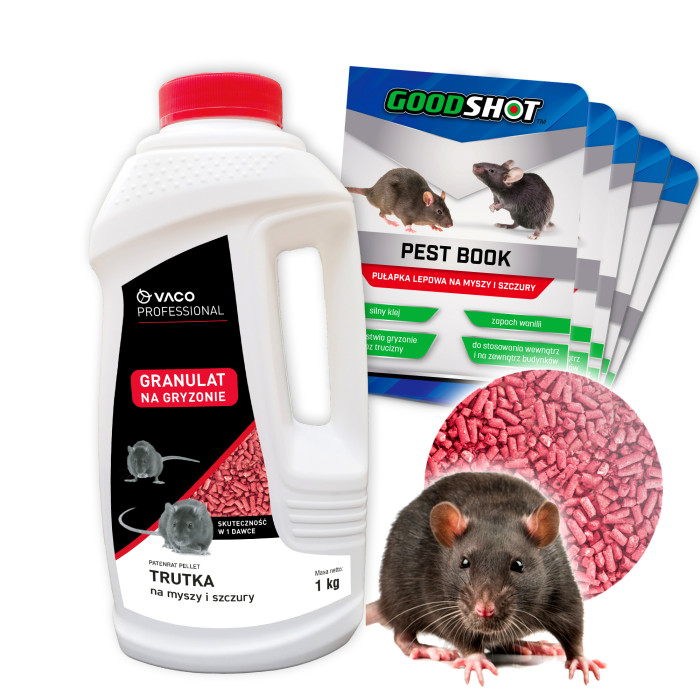 Zestaw Trutka na myszy i szczury Granulat 1kg + 5x Lep GOODSHOT Ultra Mocny Zestaw Trutka na myszy i szczury Granulat 1kg + 5x Lep GOODSHOT Ultra Mocny