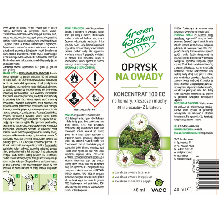 Oprysk na komary, kleszcze i muchy Koncentrat EC 40ml VACO GREEN GARDEN